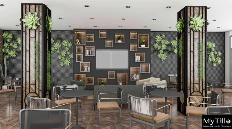 Gym & Cafe — Raf duvarı ve bitki sütunları, İstanbul (7/15)