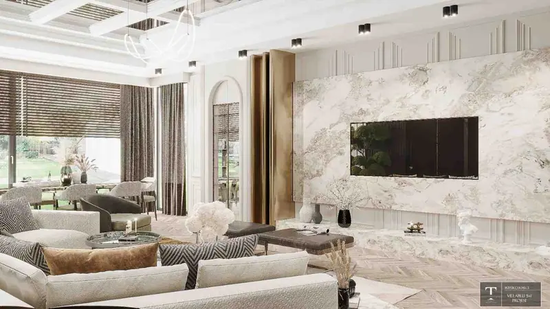 Villa Blu — Salon ve mermer TV duvarı, Büyükçekmece (17/19)